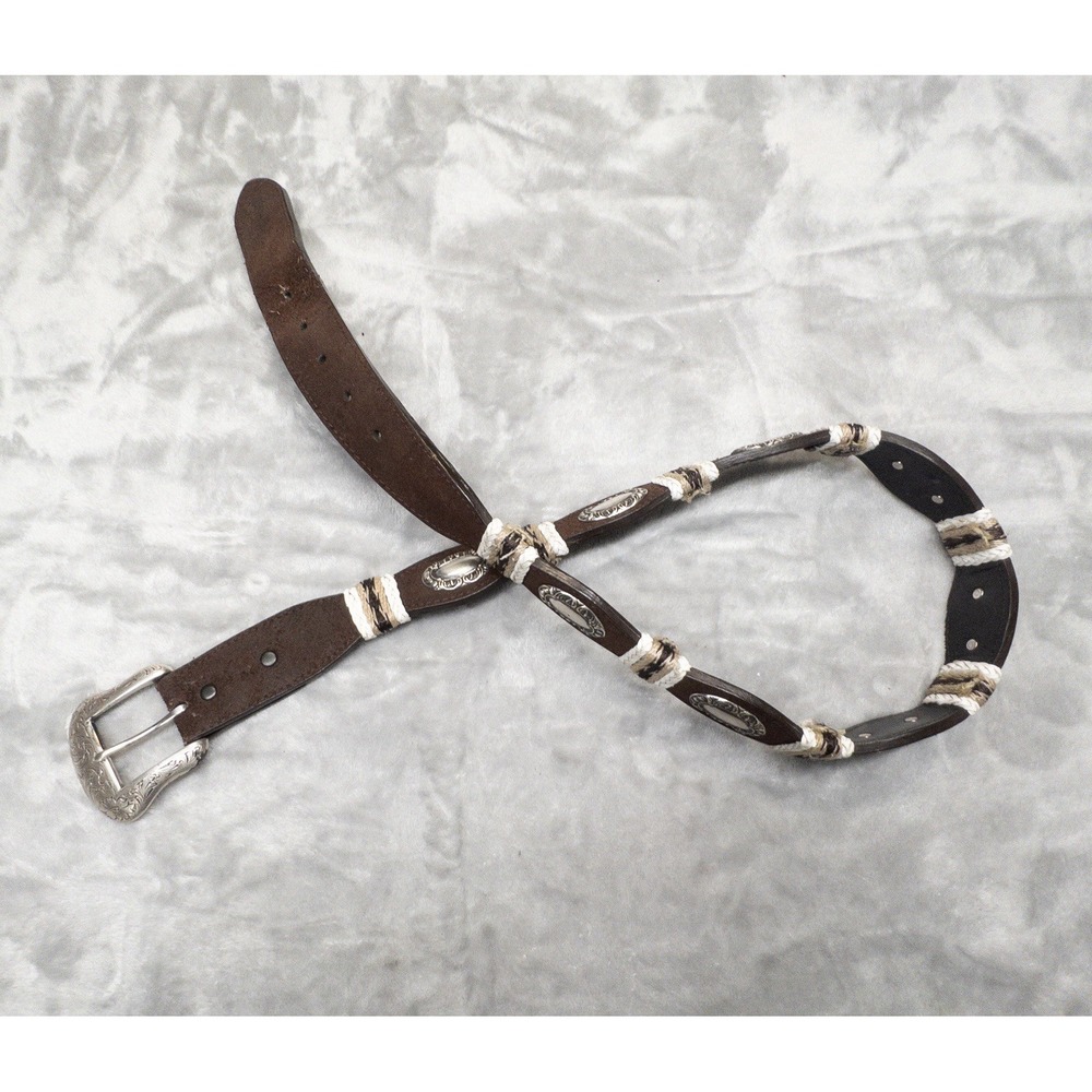Western Brown Leather Silver Concho Belt Mens 38 Large Rodeo Southwestern